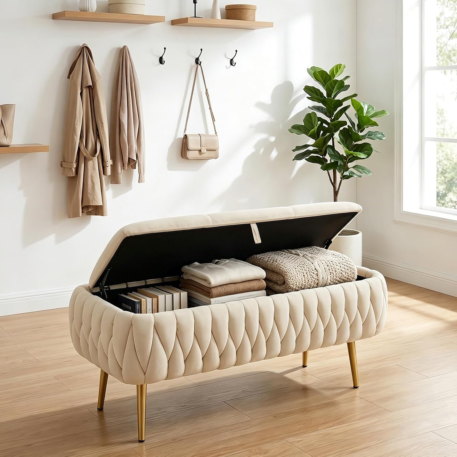 Bench for Entryway 41.3", Bedroom Benches for Foot of Bed, Ottoman with Storage for Bedroom, Upholstered Rectangular Ottoman for Living Room, Entryway, Holds up to 450 lb (White)