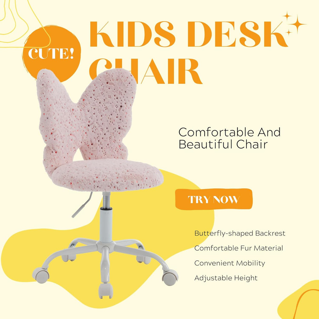 Kmax Kids Desk Chair, Faux Fur Butterfly Chair with Wheels Adjustable Fuzzy Kids Office Chair Cute Swivel Childrens Chair for Bedroom Reading Room - Pink