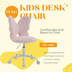 Kmax Kids Desk Chair, Faux Fur Butterfly Chair with Wheels Adjustable Fuzzy Kids Office Chair Cute Swivel Childrens Chair for Bedroom Reading Room - Pink