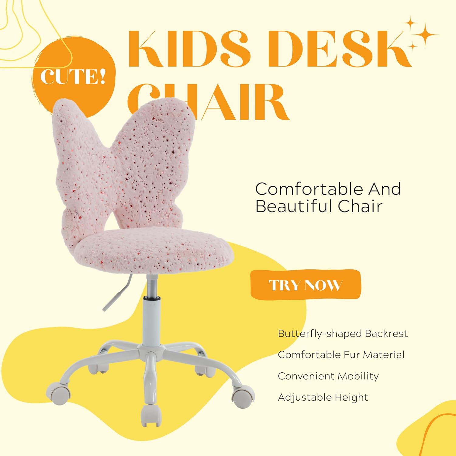 Kmax Kids Desk Chair, Faux Fur Butterfly Chair with Wheels Adjustable Fuzzy Kids Office Chair Cute Swivel Childrens Chair for Bedroom Reading Room - Pink