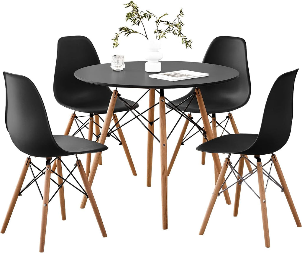 5-Piece 35.5" Round Dining Table Set, Small Kitchen Table Chairs Set of 4 Plastic Seats, Solid Wood Legs, Space Saving Furniture for Living Room Apartment Office Home, Black