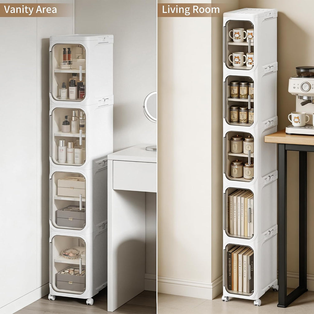 5-Tier Narrow Storage Cabinet Slim Bathroom Tall Skinny Organizer | Movable Slim Storage Cabinet with Lockable Rolling Wheels Adjustable Detachable Shelves Snap Assembly for Small Spaces,White