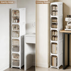 5-Tier Narrow Storage Cabinet Slim Bathroom Tall Skinny Organizer | Movable Slim Storage Cabinet with Lockable Rolling Wheels Adjustable Detachable Shelves Snap Assembly for Small Spaces,White