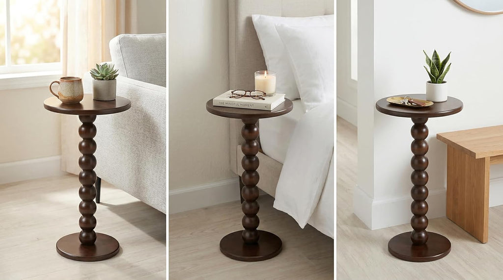 Solid Wood Round End Table, Boho Side Table for Living Room & Bedroom - Small Narrow Nightstand - Spool Bobbin Accent Furniture & Plant Stand- 22" Tall