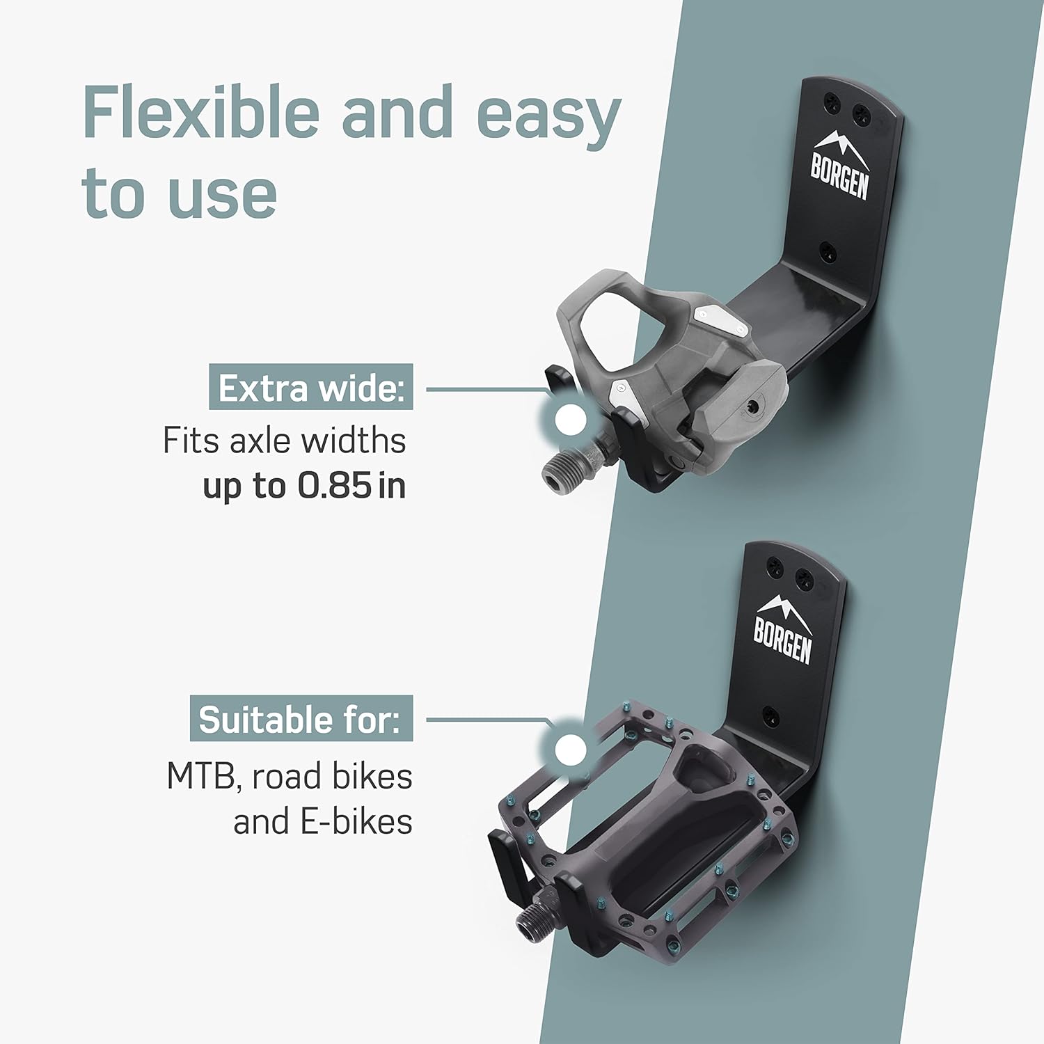 Borgen Bike Wall Mount Pedal Hook for E-Bikes, MTB & Road - Bicycle Wall Mount with Support Brackets and Wall Protection Pads, Suitable as Bike Rack Garage Bike Storage Shed and Bicycle Storage Indoor