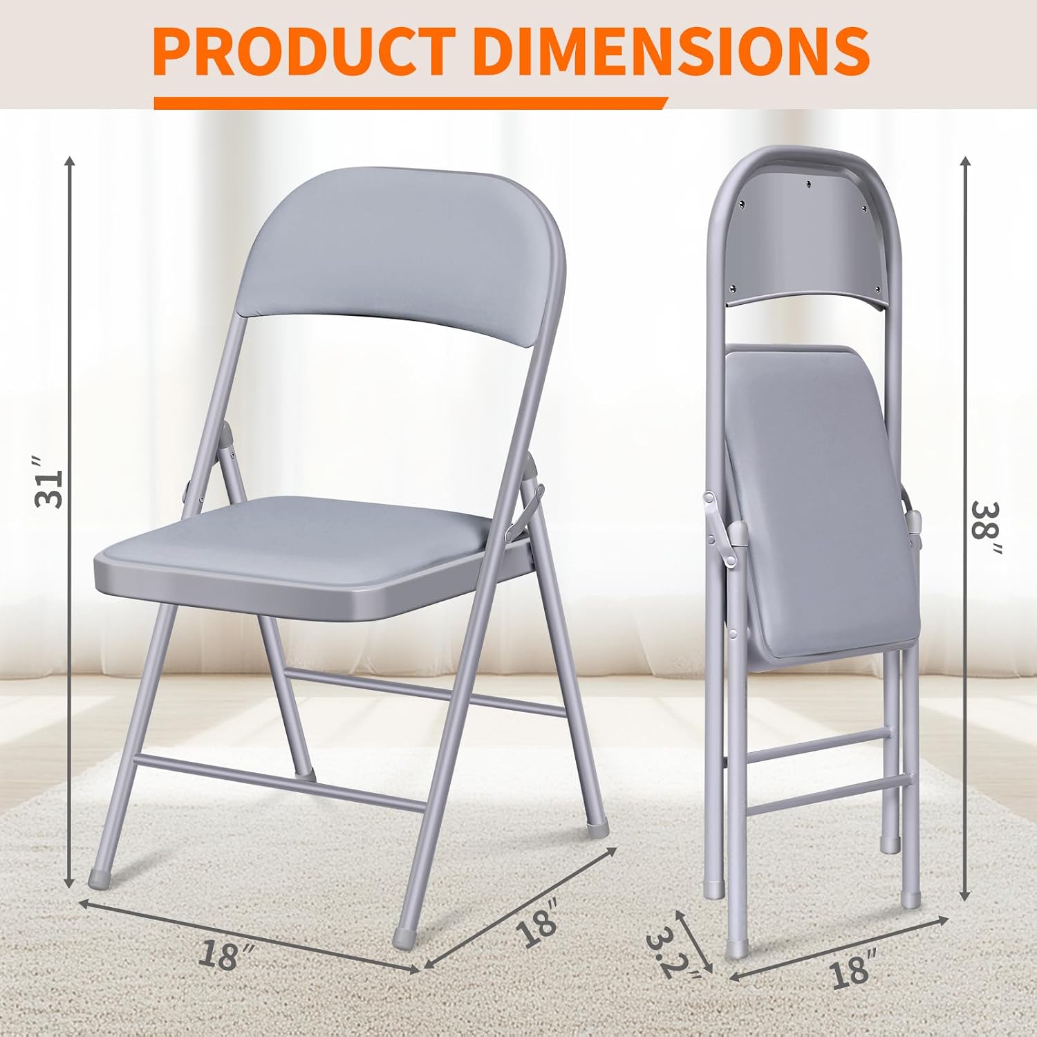 SKONYON Padded Folding Chairs Set of 6, 450LBS, PU Cushion, Gray | 6 pack gray folding chairs with cushioned seat & back, heavy duty steel frame, for party, dining & bulk event seating