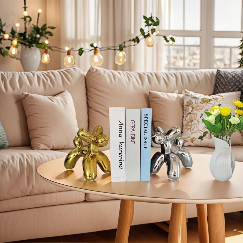 Creative Balloon Dog Wine Bottle Holder Doubles as Standalone Statue Decor and Bookend for Dog Lovers,Modern Decoration for Kitchen,Living Room,and Bar,Ceramic,Metallic Chrome Silver