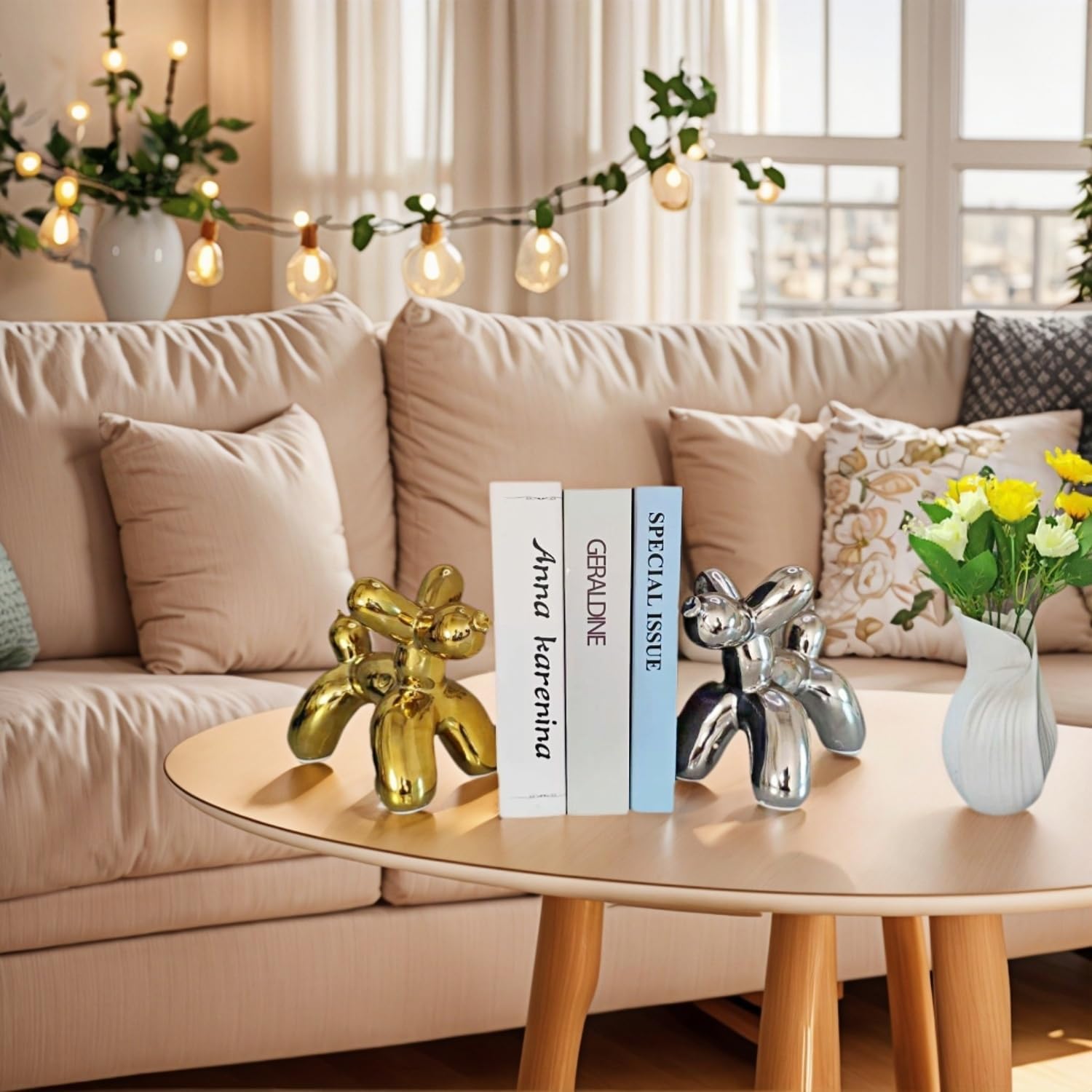 Creative Balloon Dog Wine Bottle Holder Doubles as Standalone Statue Decor and Bookend for Dog Lovers,Modern Decoration for Kitchen,Living Room,and Bar,Ceramic,Metallic Chrome Silver