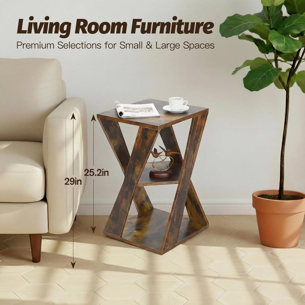 End Table Set of 2, Modern Wooden Side Table Nightstands for Small Spaces, Living Room, Office, Bathroom, 3-Tier Shelves, 15.75" D x 15.75" W x 25" H (Rustic Brown + Classic Black)
