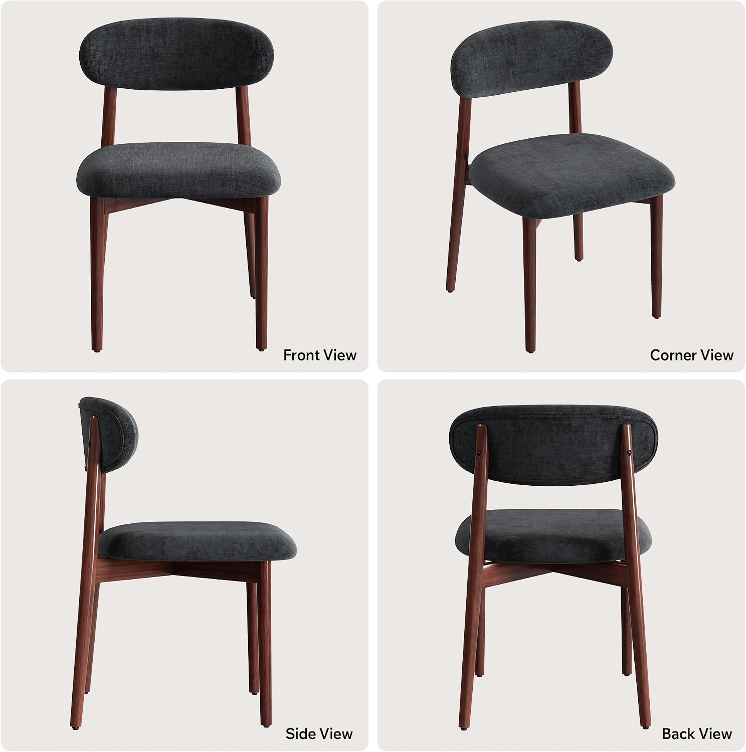 Wooden Dining Chair Set of 4, Modern Dining Chairs with with Curved Back, Fabric Upholstered Kitchen Room Chairs with Adjustable Legs for Farmhouse Dining Living Room,Dark Grey