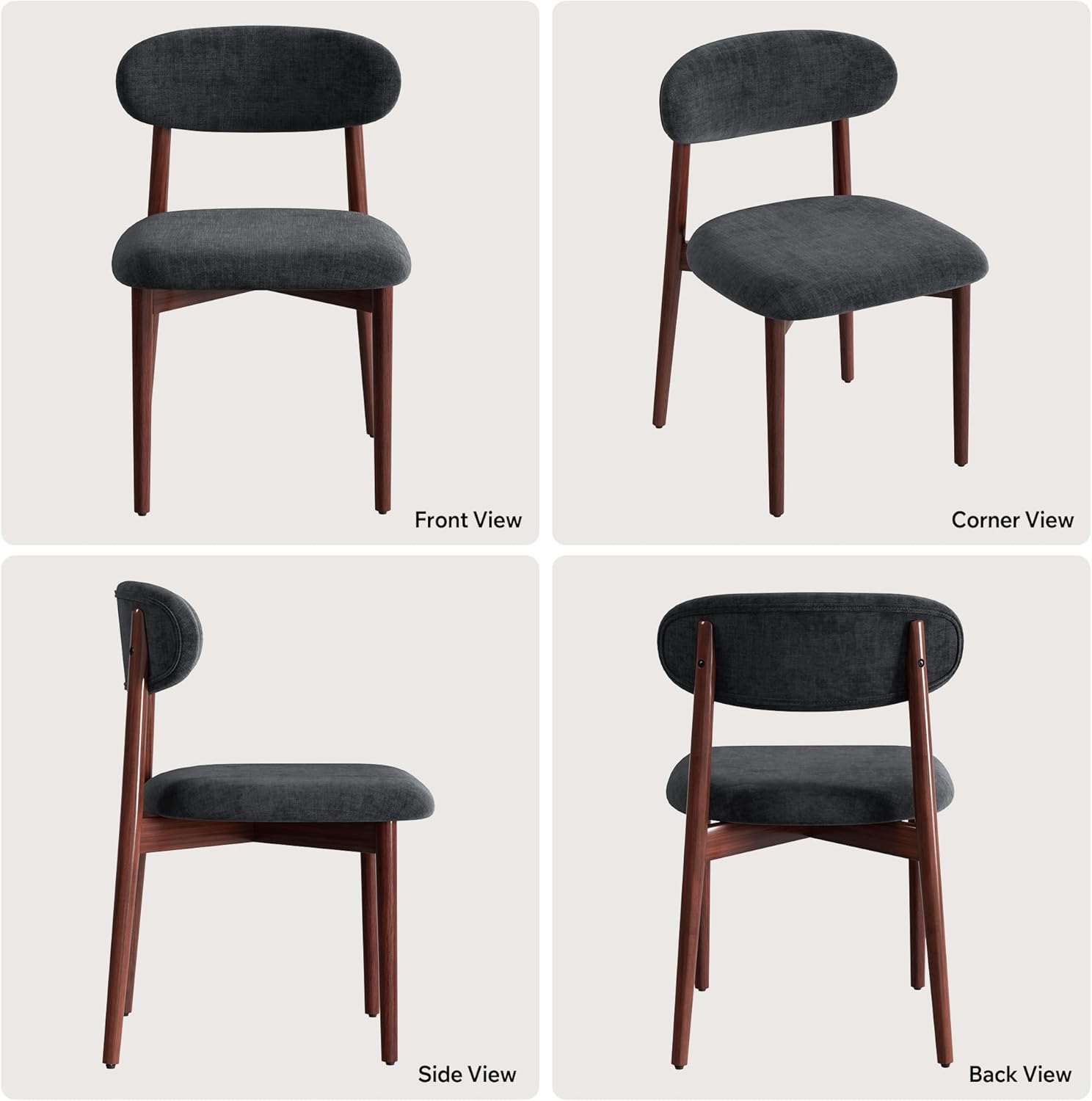 Wooden Dining Chair Set of 4, Modern Dining Chairs with with Curved Back, Fabric Upholstered Kitchen Room Chairs with Adjustable Legs for Farmhouse Dining Living Room,Dark Grey