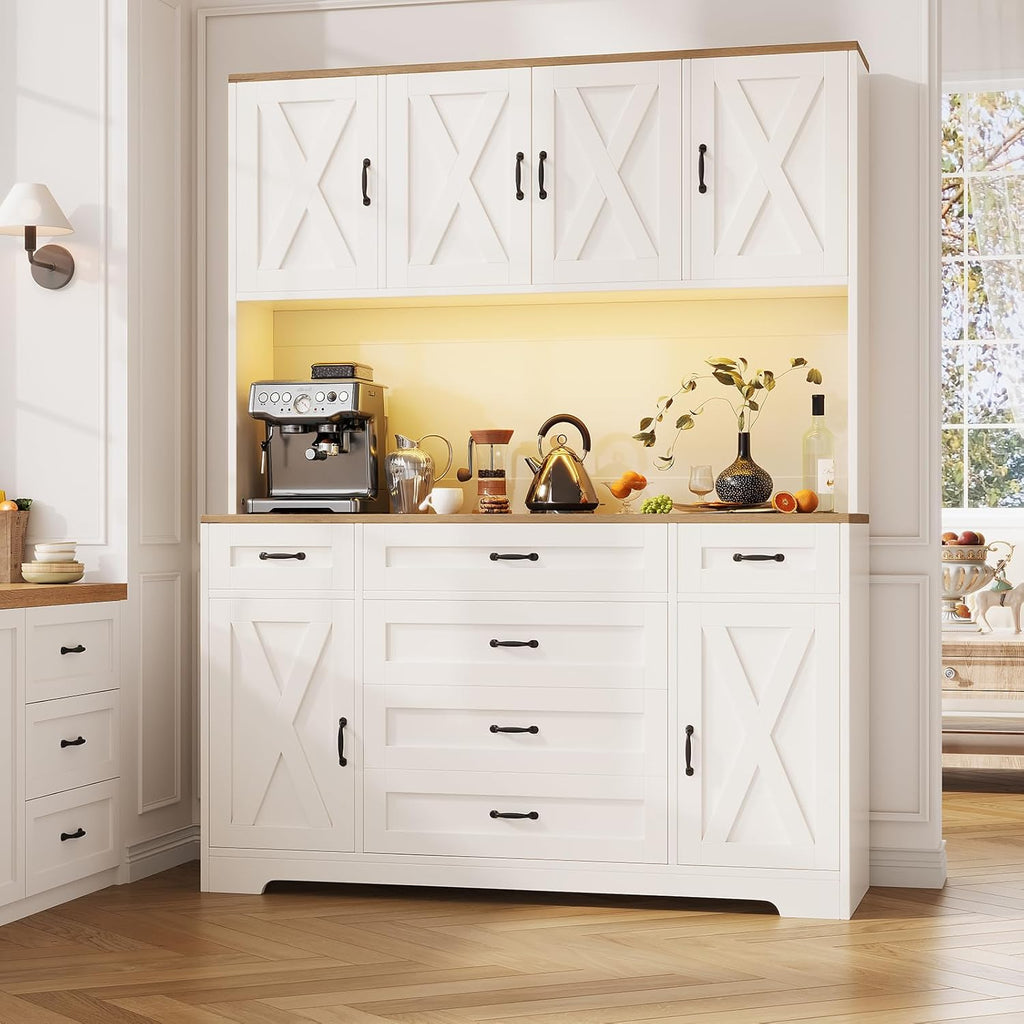 Yanosaku 71" Tall Pantry Cabinet with LED Lights & Charging Station, Farmhouse Kitchen Hutch with 6 Drawers & Adjustable Shelves, Spacious Storage Cabinet for Dining Room, White
