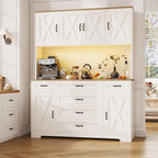 Yanosaku 71" Tall Pantry Cabinet with LED Lights & Charging Station, Farmhouse Kitchen Hutch with 6 Drawers & Adjustable Shelves, Spacious Storage Cabinet for Dining Room, White