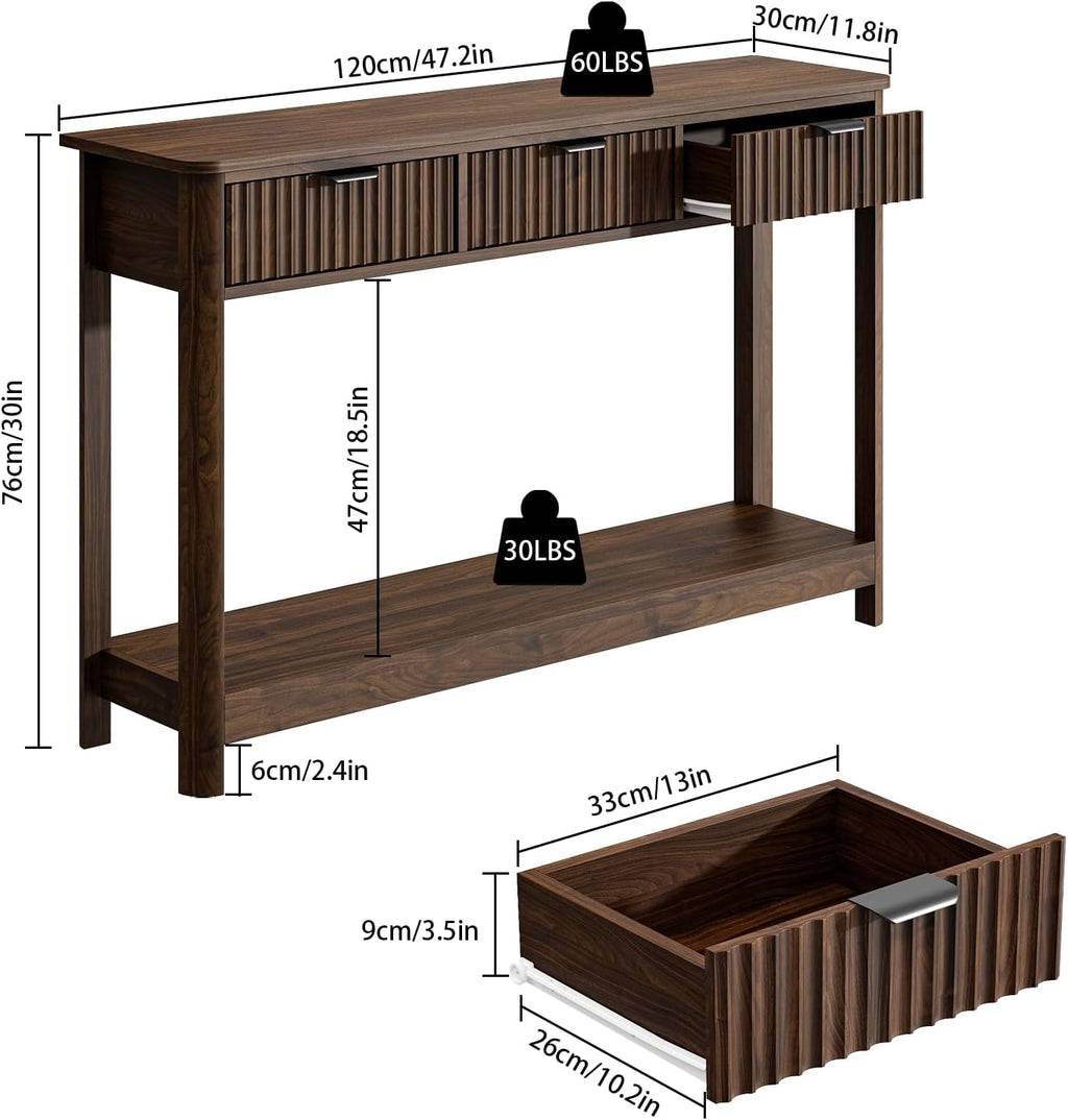 RUSTOWN Fluted Wood Console Table with 3 Drawers, 47.2" Boho Entryway Table | Narrow Behind Couch Sofa Table, Open Storage Shelf, Curved legs, 2 Tier Modern Farmhouse Hallway Table for Living Room, Foyer