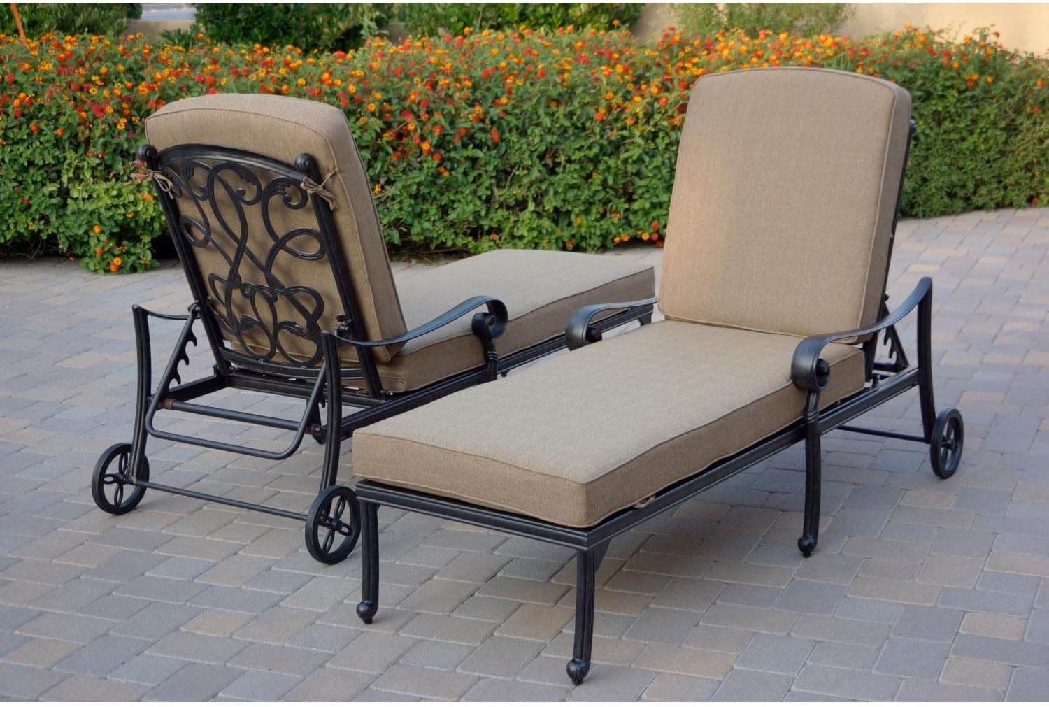 Darlee Santa Monica 3 Pc Cast Aluminum Chaise Lounge Set w/ 24 Inch Ice Bucket End Table & in Antique Bronze/Sesame