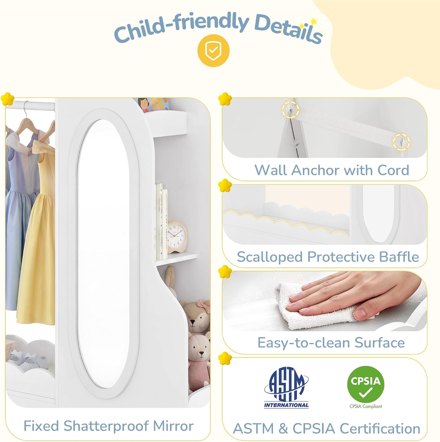 Curipeer Kids Dress Up Storage with Mirror, Bookshelf & Toy Storage, Scalloped Design Princess Closet for Little Girls, Kids Dress Up Rack, Open Hanging Armoire Wardrobe for Bedroom, Playroom, White