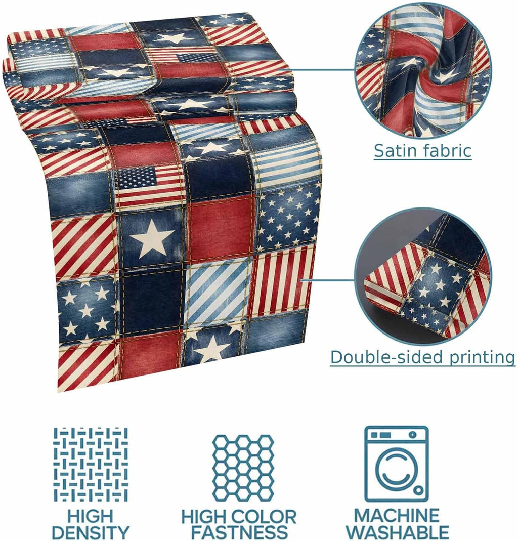 4th of July Bed Runner Stars Stripes Patchwork Bedding Scarves Soft Decorative Bed Flag Retro Checkered Grid Bed Runners for King Size Bed Home Hotel Bedroom Independence Day Decor 20x94 Inch