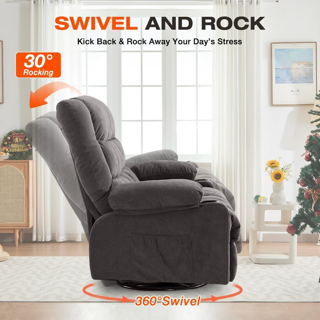 8-Points Massage Recliner Chair with Heated Rocking Function for Adults,Oversized Rocker Recliner with Side Pocket,2 Cup Holders for Living Room