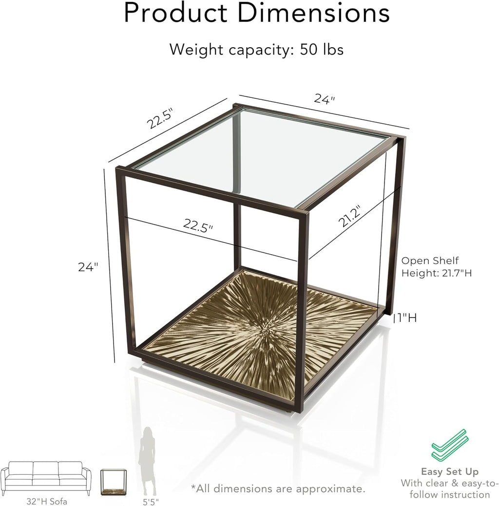 24/7 Shop at Home Aureum Modern 24-inch 1-Shelf Glass Top End Table with Sunburst Bottom Panel, Metal Frame for Living Room, Office, Antique Gold & Black
