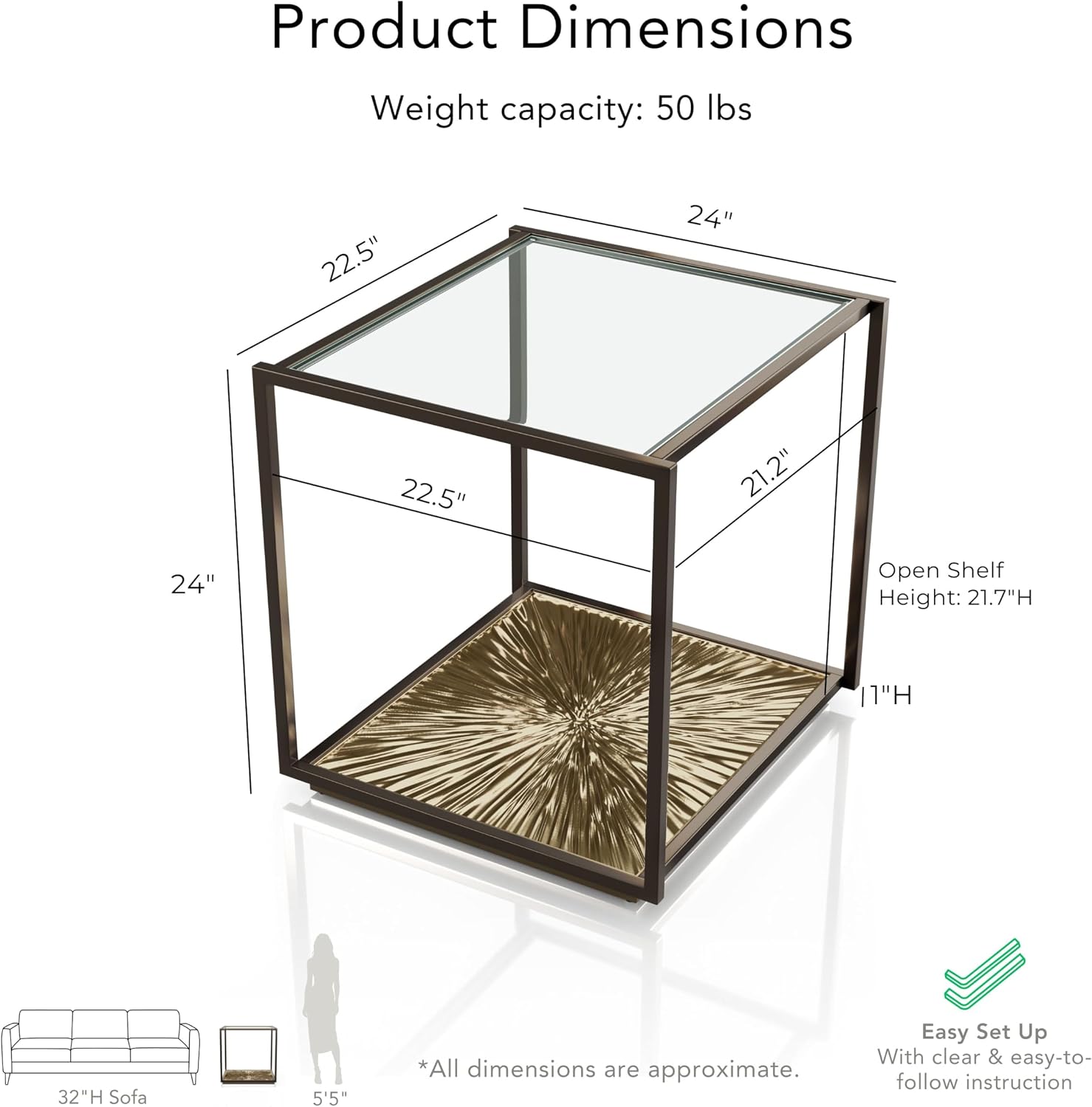 24/7 Shop at Home Aureum Modern 24-inch 1-Shelf Glass Top End Table with Sunburst Bottom Panel, Metal Frame for Living Room, Office, Antique Gold & Black