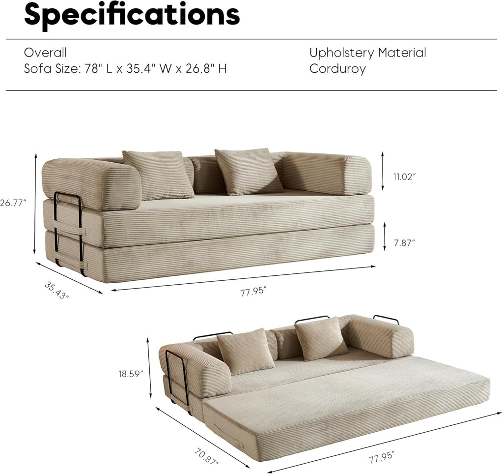 ZEIINPA Corduroy Floor Sofa Bed, Convertible Folding Couch Bed with Fixed-Shape Frame and Armrest for Living Room Bedroom Lounge Studio-Beige