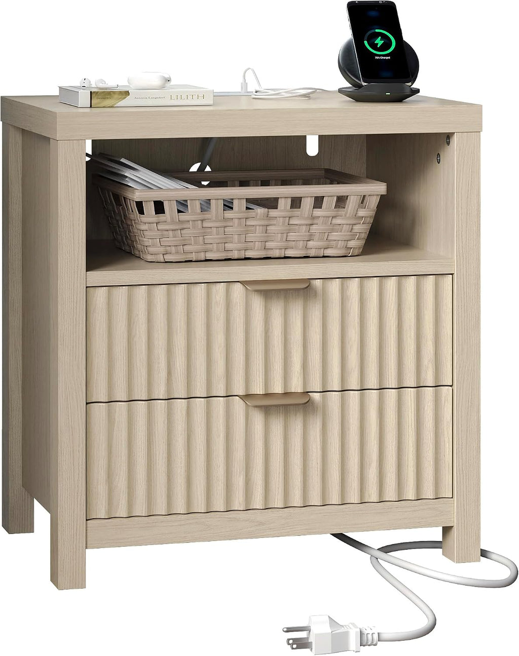 Furnulem Nightstand with Charging Station, 2 Drawers Fluted Night Stand | 19.7 inch Wide Bedside Table for Bedroom , Modern Nightstand with Wooden Legs and Metal Handle, Wood End Table, Natural Oak