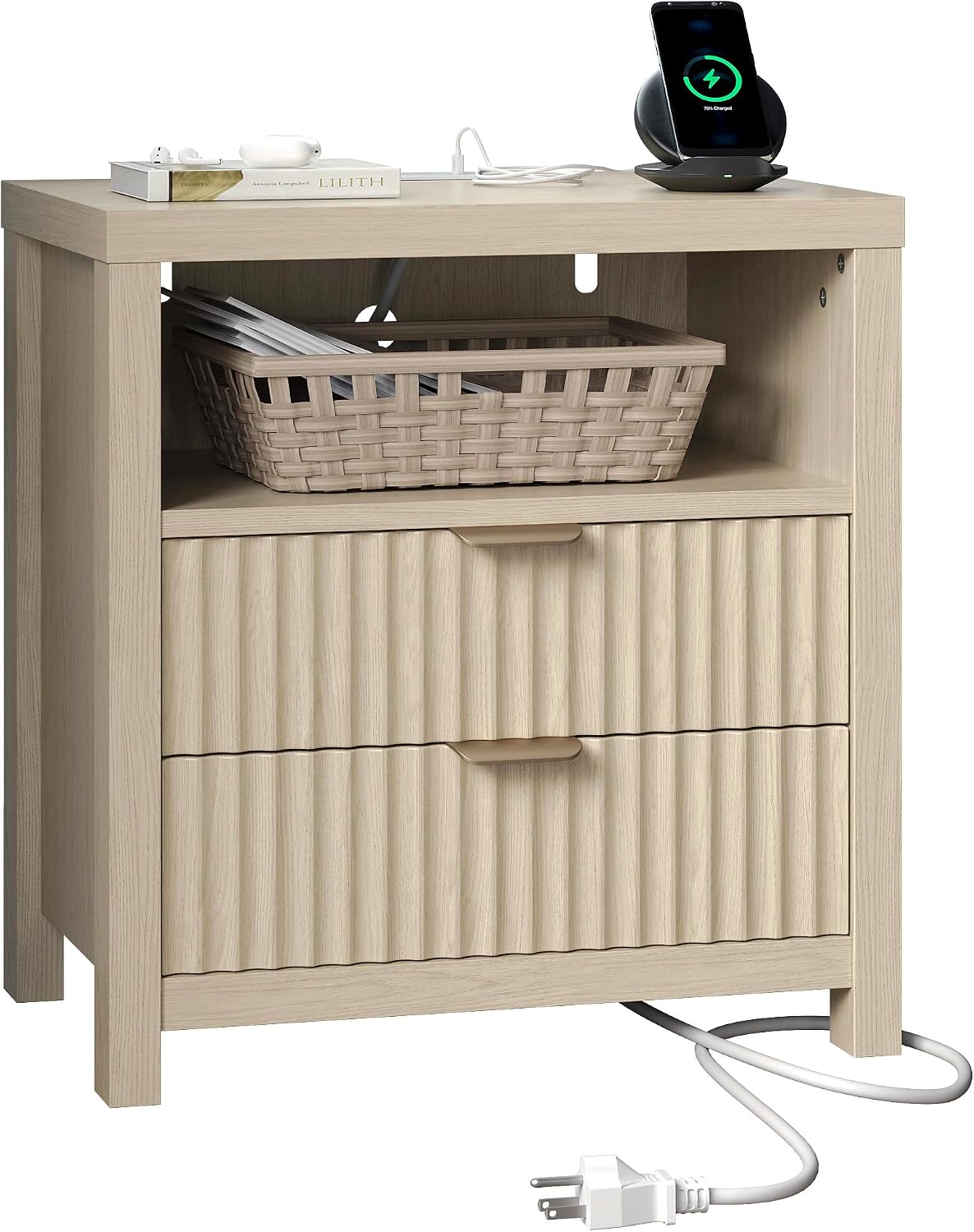 Furnulem Nightstand with Charging Station, 2 Drawers Fluted Night Stand | 19.7 inch Wide Bedside Table for Bedroom , Modern Nightstand with Wooden Legs and Metal Handle, Wood End Table, Natural Oak