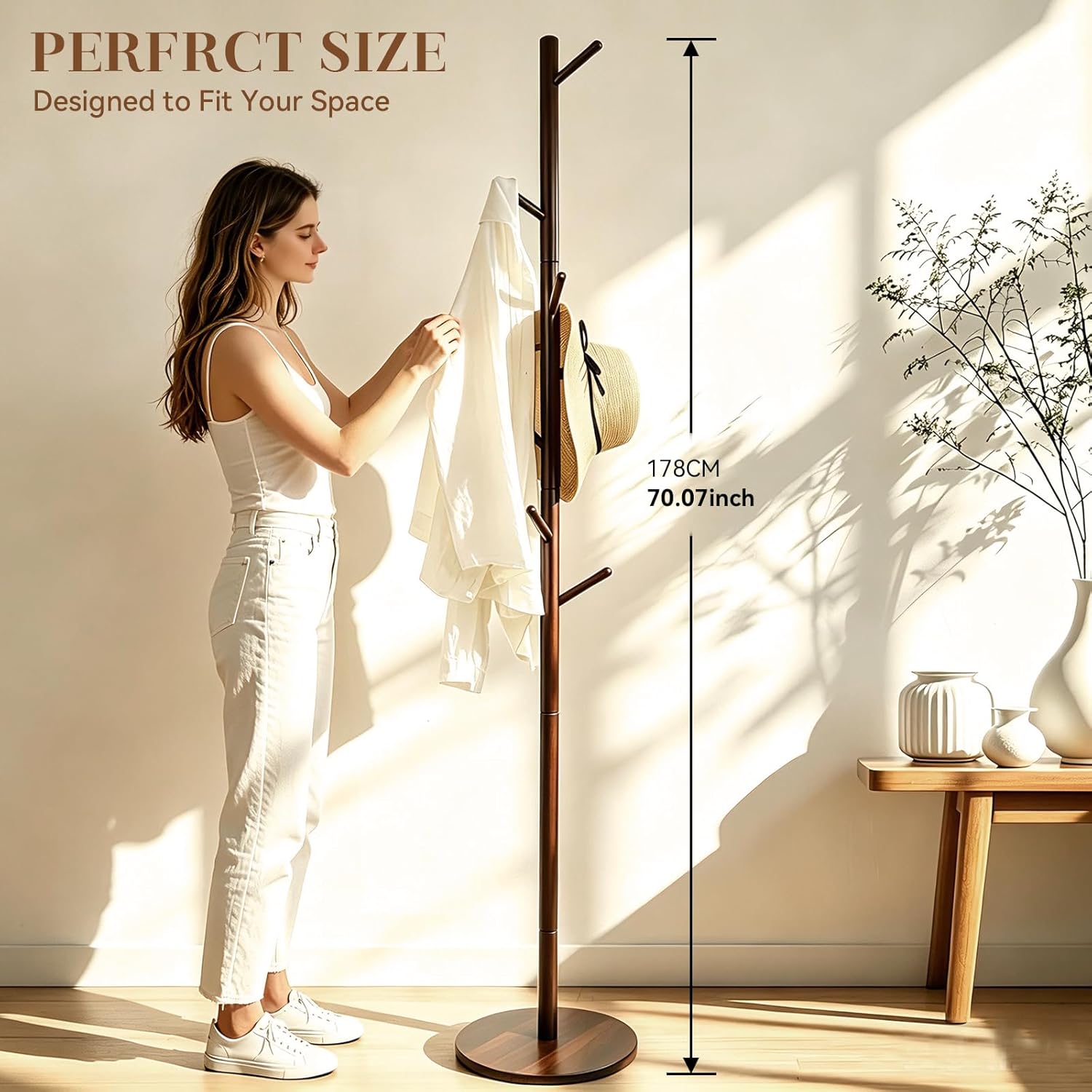 Wooden Coat Rack Freestanding, Corner Bag Purse Coat Hat Rack Tree Hanger Stand Holder Wood Modern Entryway Office Decor Furniture for Small Spaces Standing Heavy Duty Clothes Clothing Rack Hall Tree