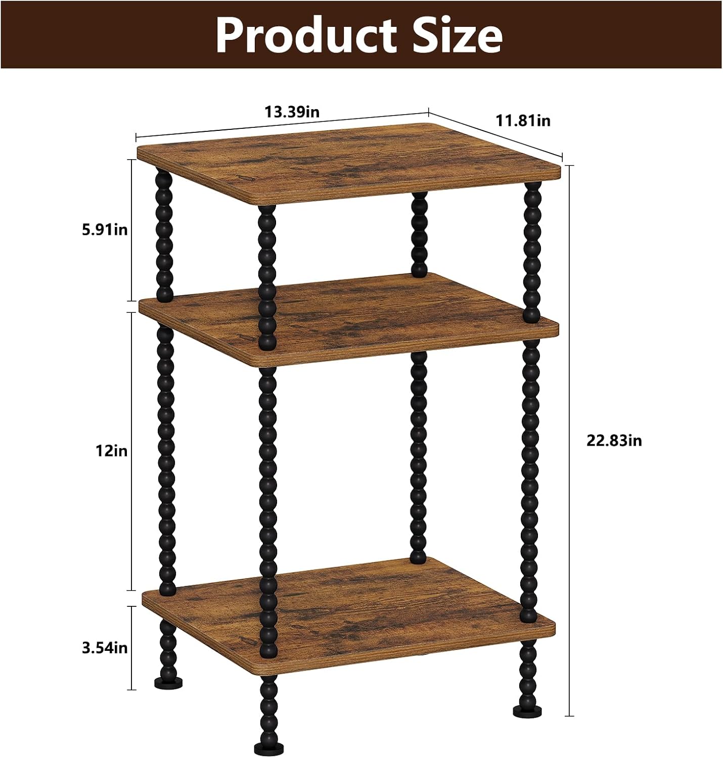 YINMIT Side Table,3-Tier End Table with Metal Legs,Open Storage Nightstand | Small Side Table,Safe Rounded Corners,Adjustable Feet,Vintage Spindle Design For Small Place Bedroom Living Room Office