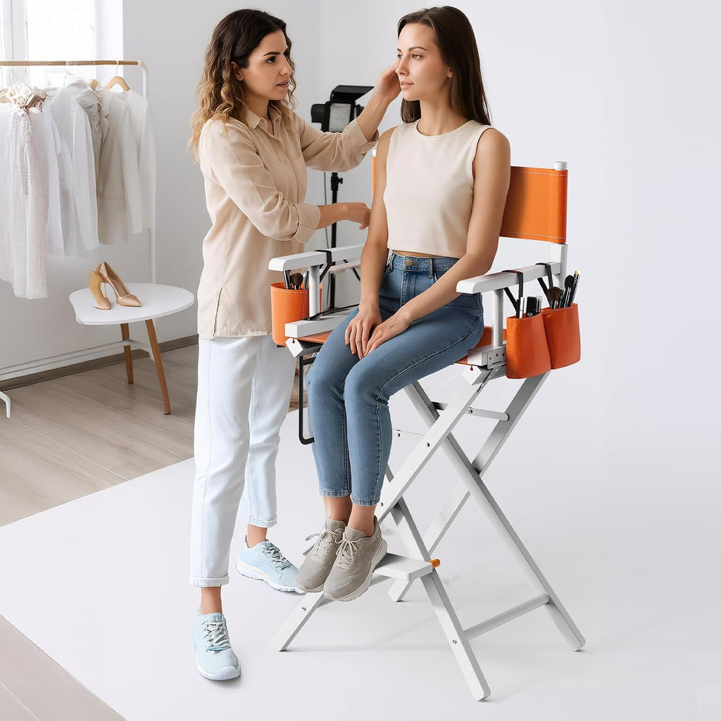 OmySalon Director's Chair 31" Height Folding Portable w/Storage Pouch & Footrest, Makeup Artist Chair for Salon, Events, Mobile, 250lb Capacity, White Wood Frame & Orange Canvas Seat