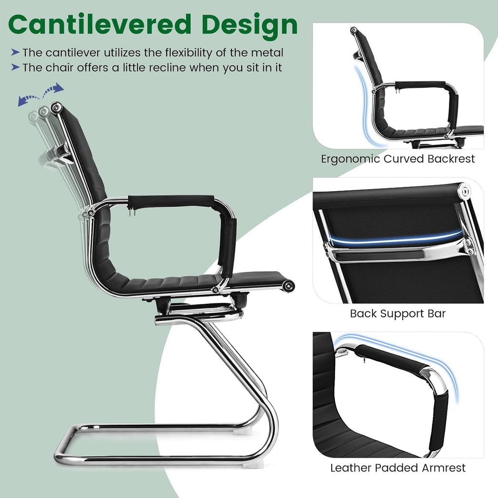 POWERSTONE Office Reception Guest Chair Set of 2 - Office Conference Desk Chair with No Wheels, Ergonomic Mid Back PU Leather Metal Base with Arms for Home Conference Meeting Waiting Room Lobby