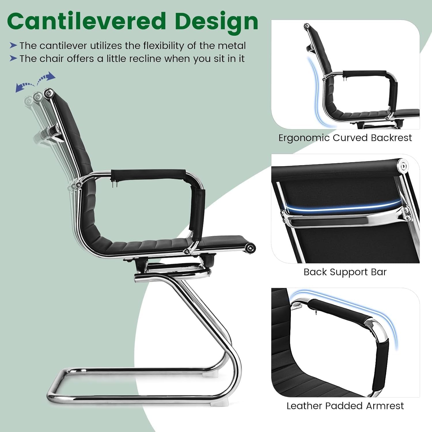 POWERSTONE Office Reception Guest Chair Set of 2 - Office Conference Desk Chair with No Wheels, Ergonomic Mid Back PU Leather Metal Base with Arms for Home Conference Meeting Waiting Room Lobby