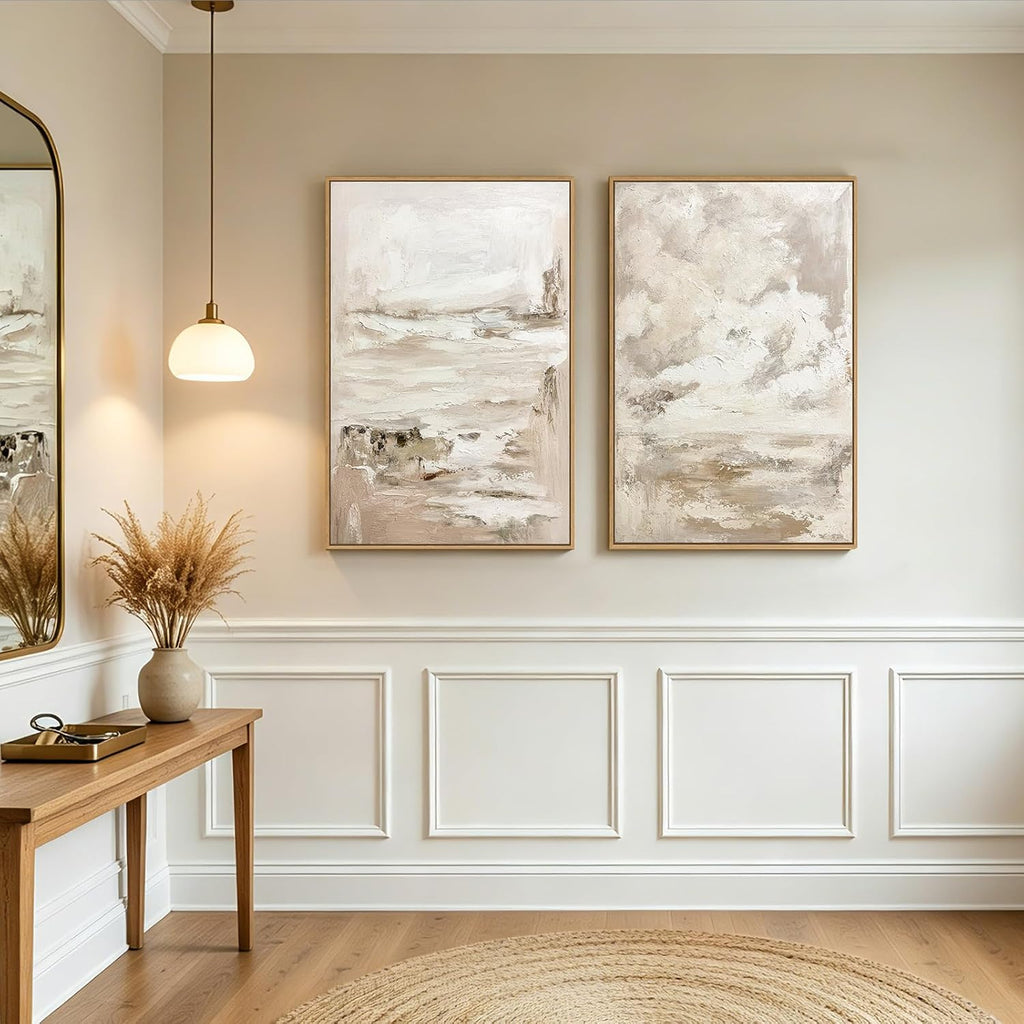 SAFERRYHOME Abstract Landscape Sky Hand Painted Wall Art, Large Textured Neutral Framed Canvas Wall Decor, Modern Minimalist Illustrations Painting Artwork for Home Office Living Room, 24"x36"x2