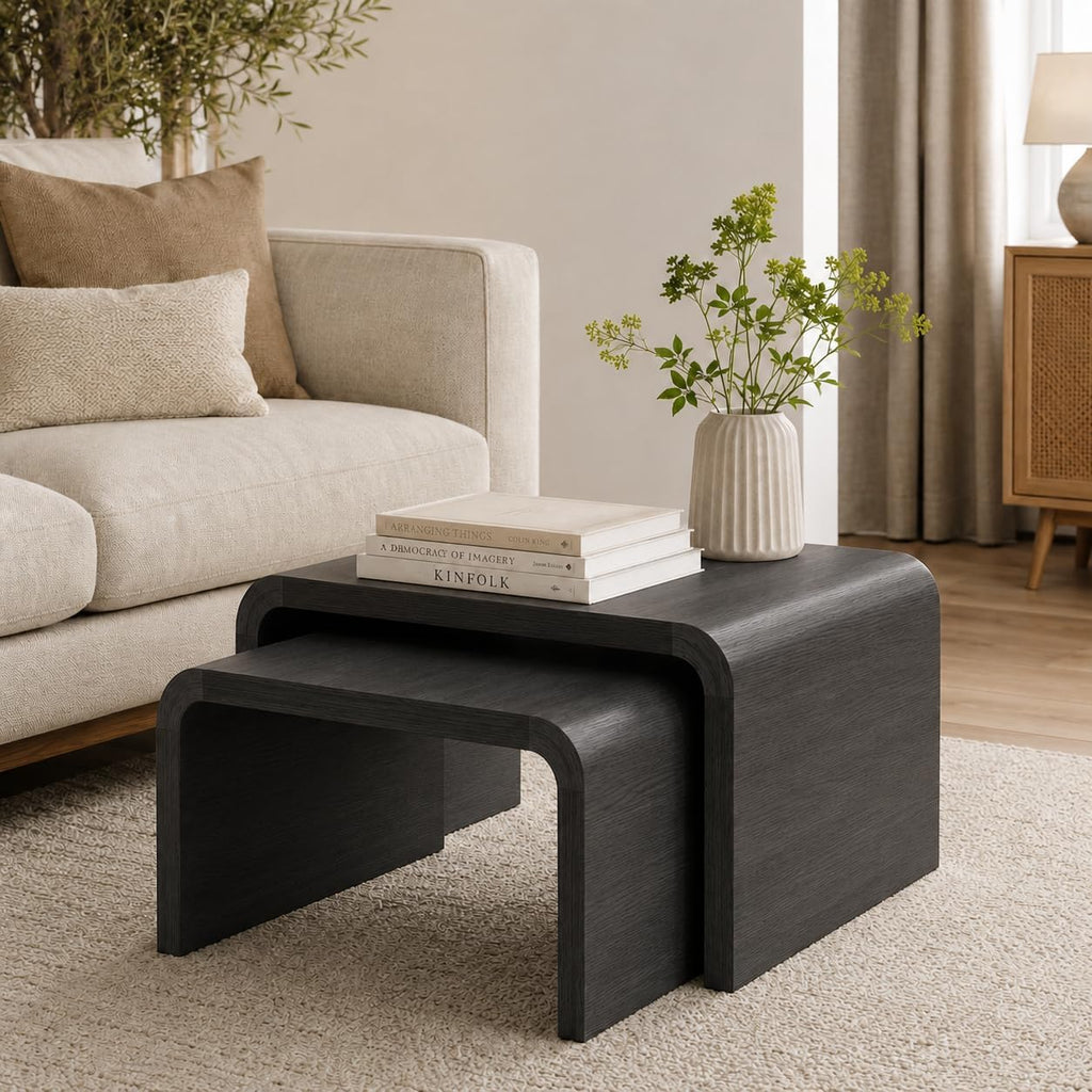 Stead Curved Nesting Coffee Table Set of 2, Modern Wood Nesting Tables for Living Room, Space Saving Stackable Coffee Tables, Fully Assembled