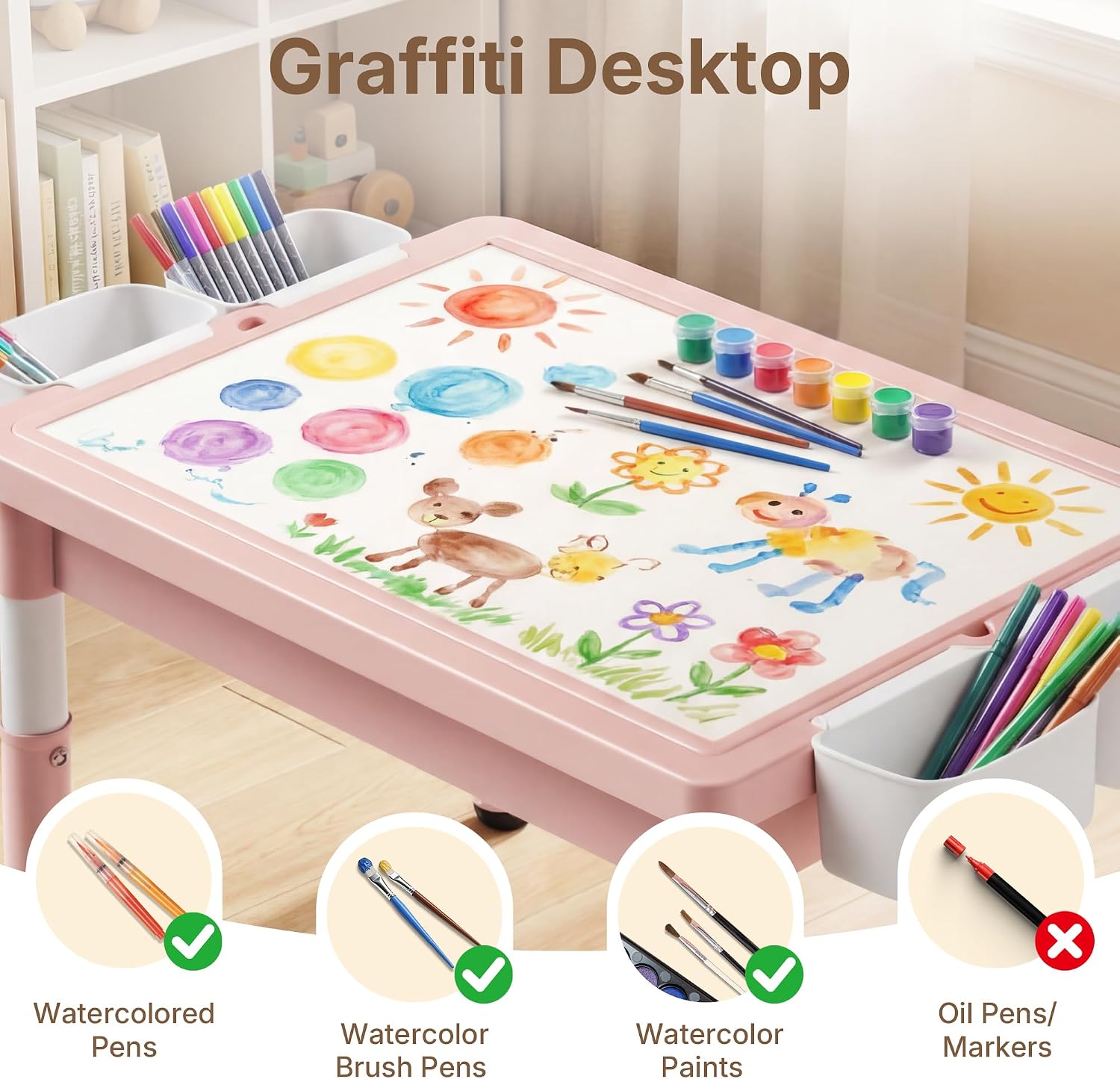 4 in 1 Kids Table and 2 Chairs Set, Reversible Tabletop, Pink | Double-Sided Graffiti/Block Building Tabletop, Adjustable Height, Under-Table Storage, 4 Storage Bins, Toddler Activity Desk