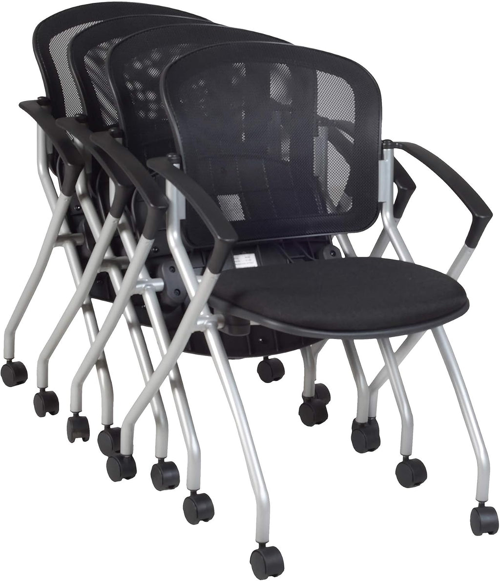 Regency Cadence Flexible High-Back Nesting Chair with Padded Fabric Seat – Breathable Mesh, Flip-Up Seat & Casters for Training Rooms, Classrooms & Offices (4-Pack, Black)