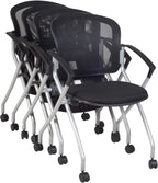 Regency Cadence Flexible High-Back Nesting Chair with Padded Fabric Seat – Breathable Mesh, Flip-Up Seat & Casters for Training Rooms, Classrooms & Offices (4-Pack, Black)