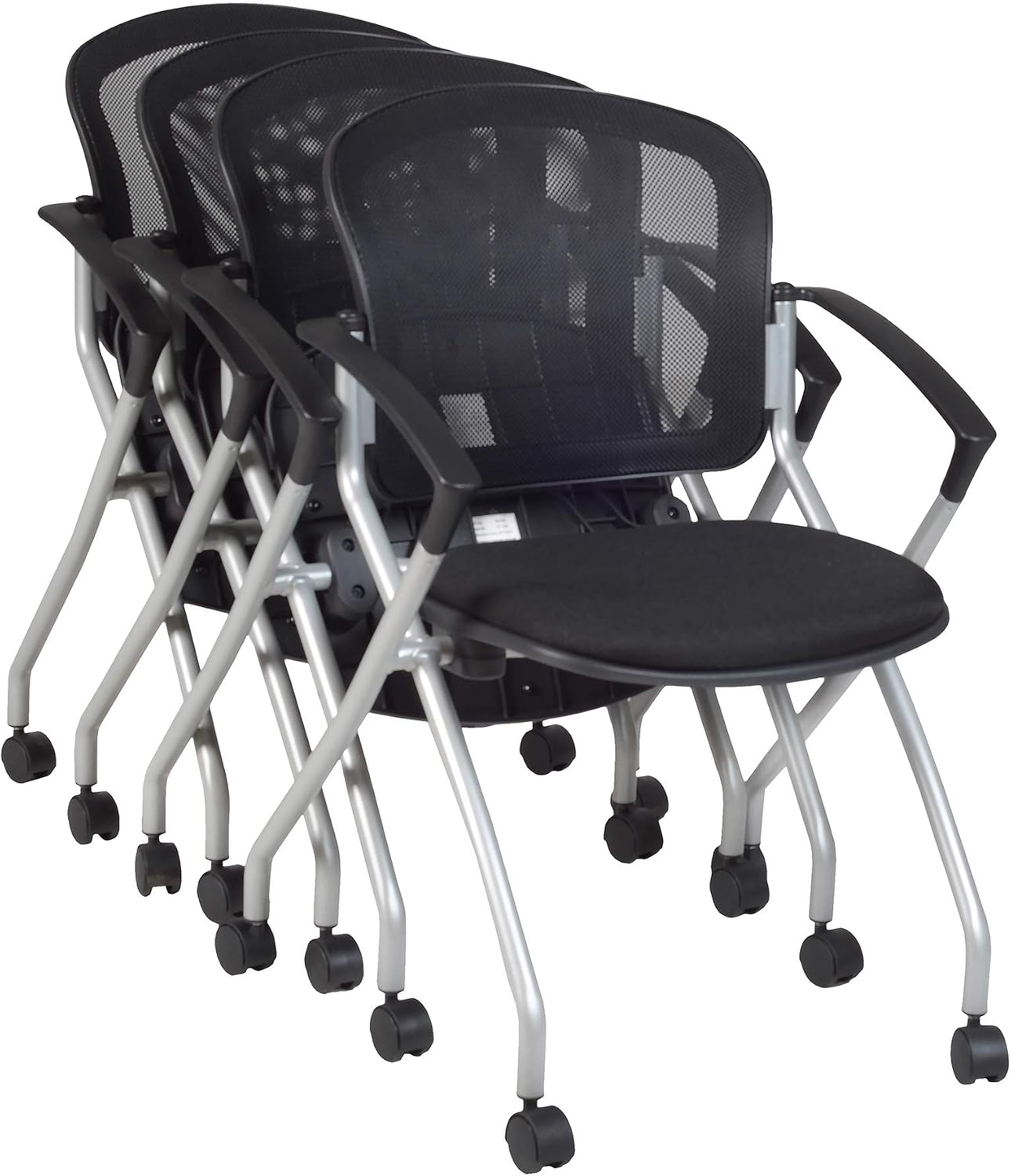 Regency Cadence Flexible High-Back Nesting Chair with Padded Fabric Seat – Breathable Mesh, Flip-Up Seat & Casters for Training Rooms, Classrooms & Offices (4-Pack, Black)