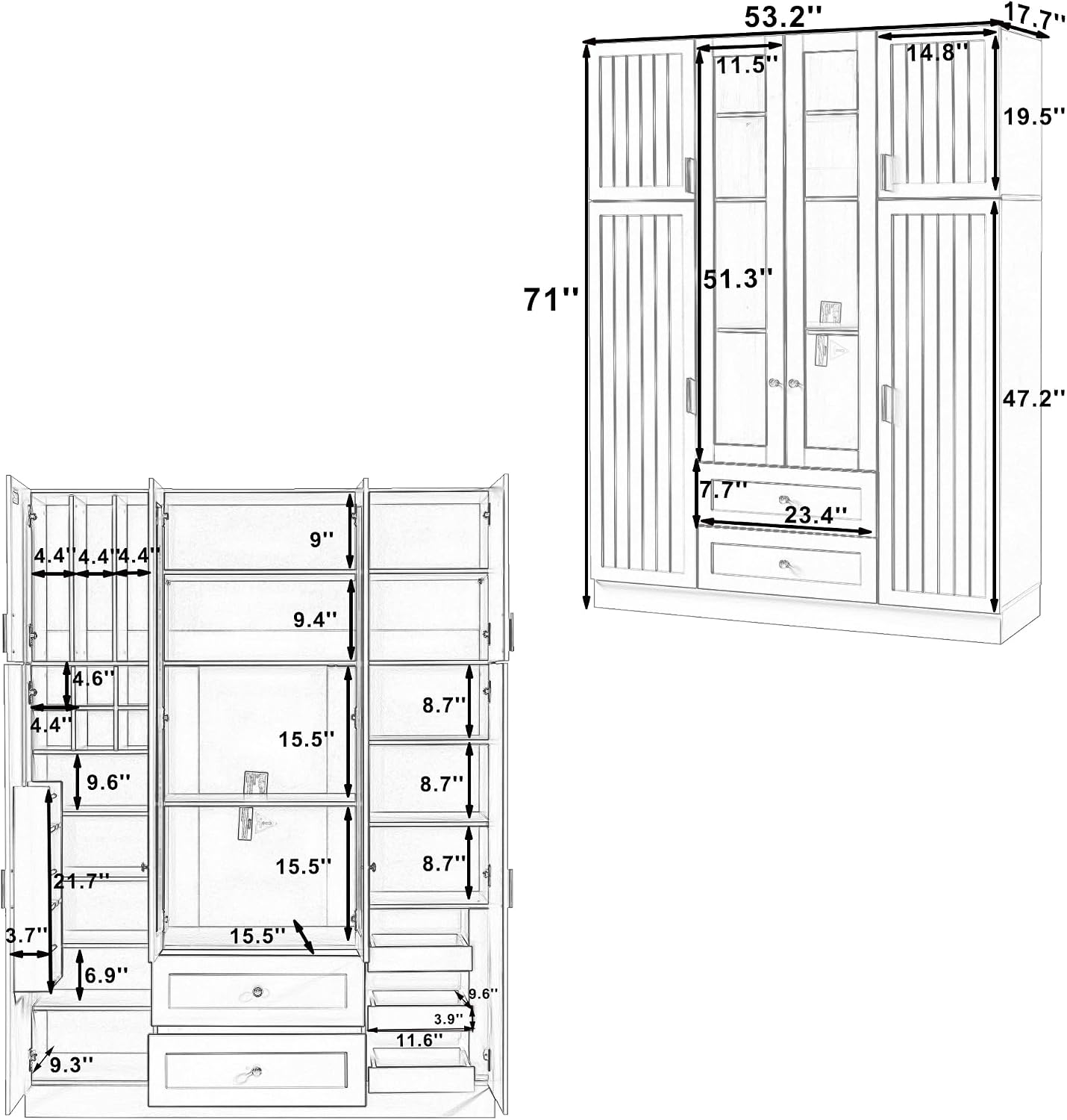 roomfitters Kitchen Pantry Organizers and Storage Kitchen Cabinet, Tall Storage Hutch with Glass Doors, Wine Rack, White