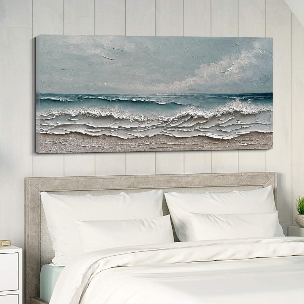 Diathou Art Hand-painted oil painting of ocean waves and sandy beach scenery, modern abstract blue landscape art, decorative wall painting for home office