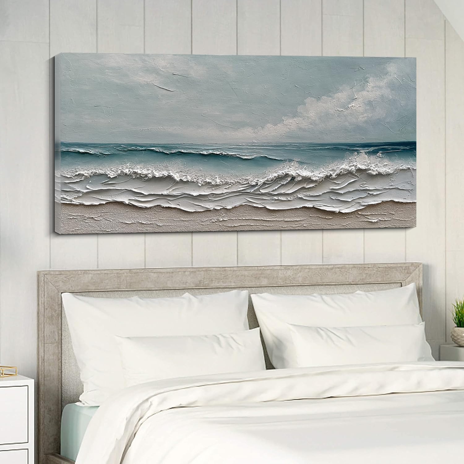 Diathou Art Hand-painted oil painting of ocean waves and sandy beach scenery, modern abstract blue landscape art, decorative wall painting for home office