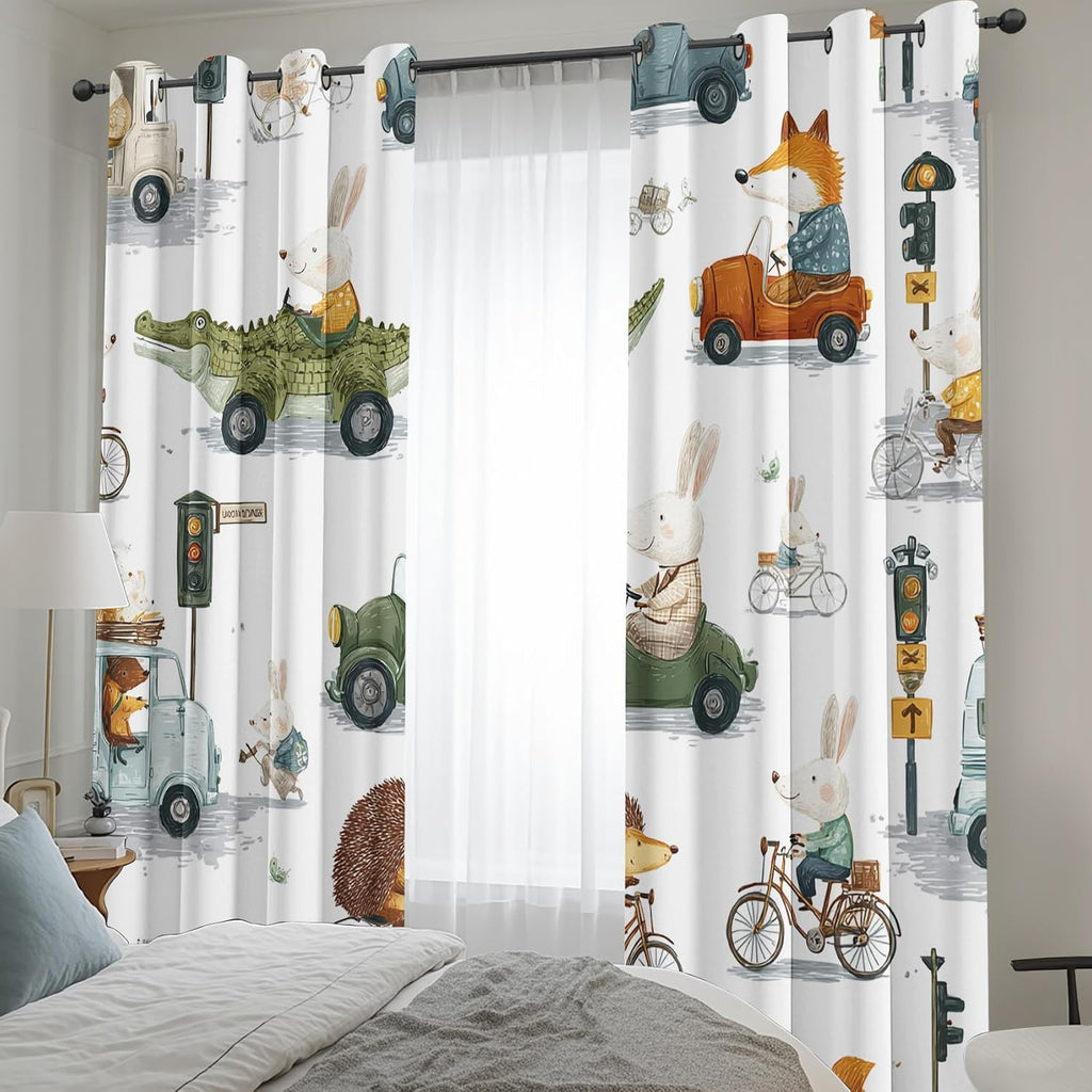 Cartoon Animals Kids Curtains for Boys Bedroom, City Street Car Vehicles Blackout Curtains 39 Inches Long, Thermal Insulated Short Window Drapes for Nursery & Room Decor 27.5Wx39L