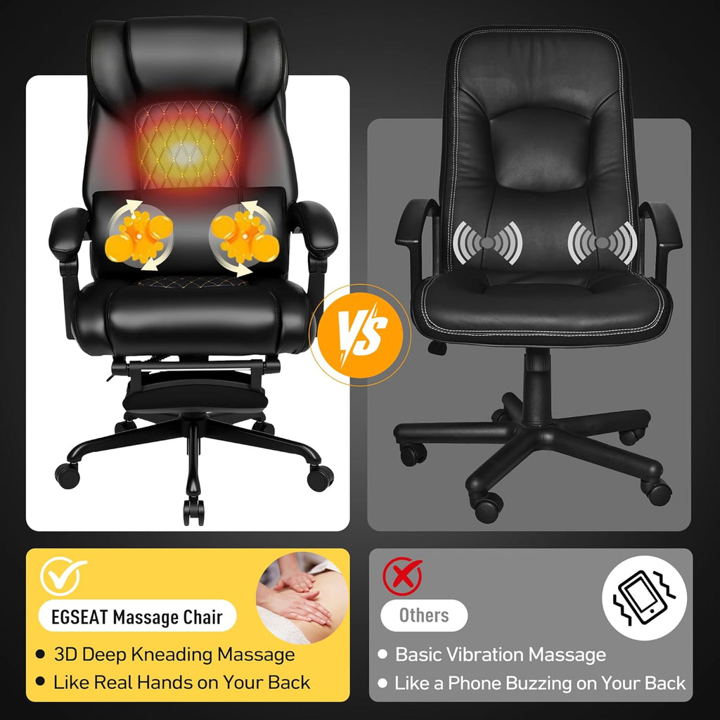 3D Kneading Massage Office Chair with Heat, 500 lbs Big and Tall Executive Computer Desk Recliner, Leather Electric Heated Chair with Footrest, Black