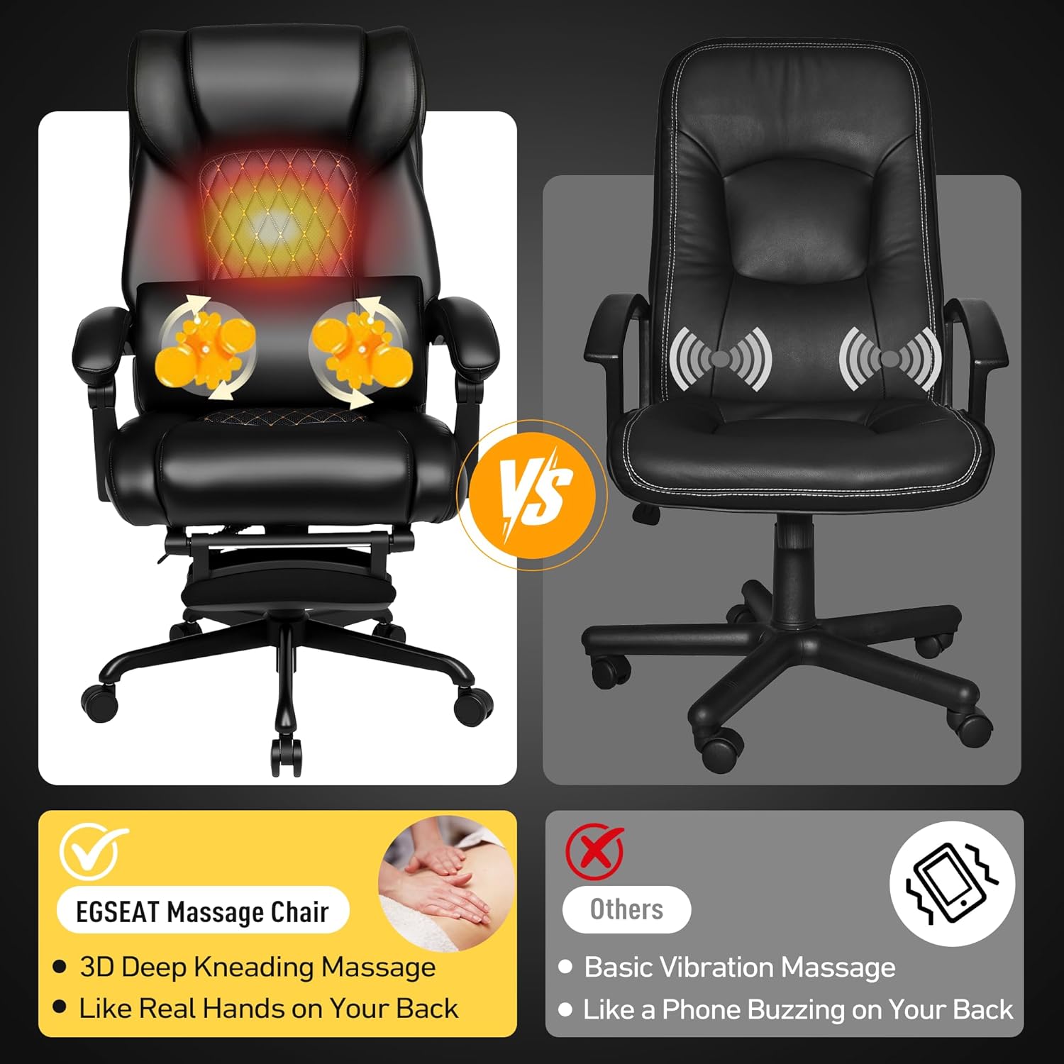 3D Kneading Massage Office Chair with Heat, 500 lbs Big and Tall Executive Computer Desk Recliner, Leather Electric Heated Chair with Footrest, Black