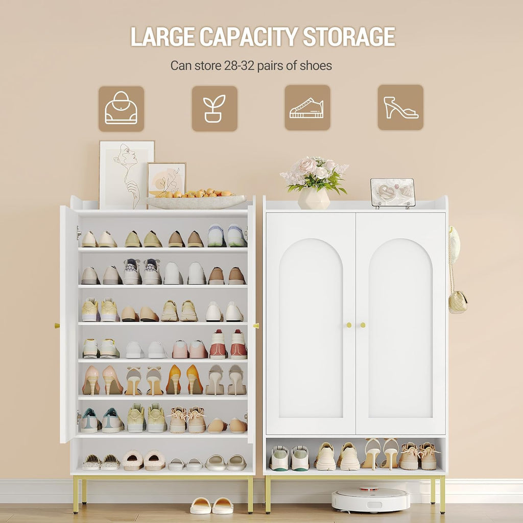 Hzuaneri Shoe Cabinet with Doors, 7-Tier Shoe Storage Cabinet with Adjustable Shelves, Wooden Shoes Organizer Cabinets with Top Storage Layer, 28-32 Pairs, for Entryway, Hallway, White SR68703A