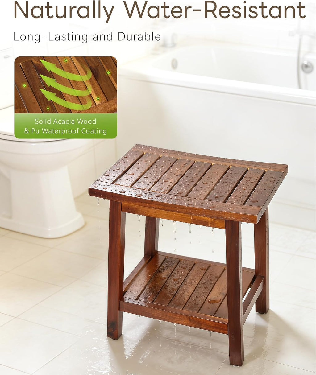 Upolana Teak Shower Bench, 16" Solid Acacia Wood Shower Stool Waterproof Shower Seat with Storage Shelf for Bathroom, Indoor & Outdoor Use