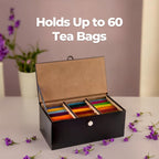 Premium Tea Box Organizer - Elegant Tea Bag Storage Container with 60 Tea Bag Holder Capacity - Vegan Leather Exterior and Velvet Fabric Interior - Black