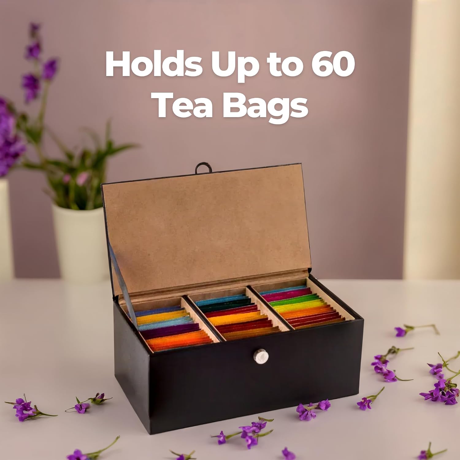 Premium Tea Box Organizer - Elegant Tea Bag Storage Container with 60 Tea Bag Holder Capacity - Vegan Leather Exterior and Velvet Fabric Interior - Black