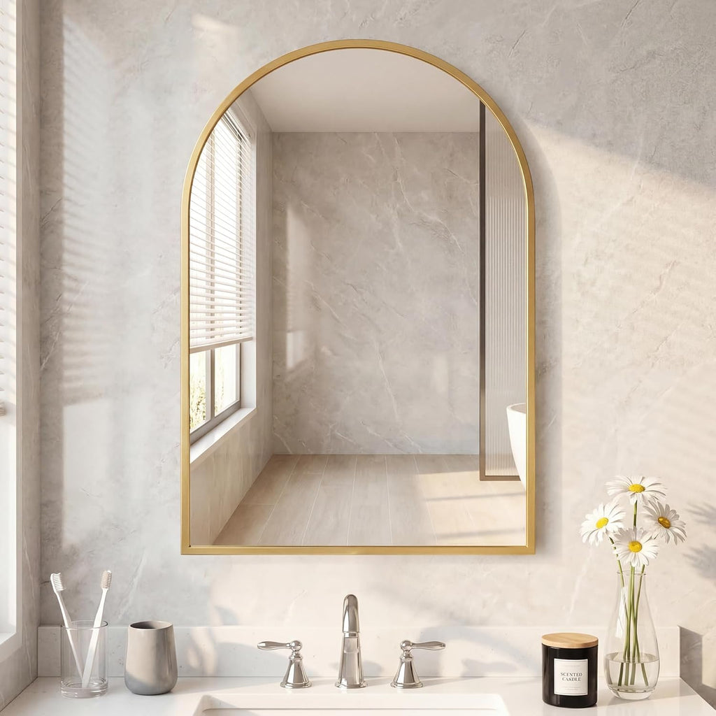 NEWBULIG 22"x30" Arched Wall Mirror, Bathroom Mirrors for Over Sink, Vanity Mirror with Tempered Glass & Anti-Rust Metal Frame, Entryway, Living Room, Bedroom, Gold