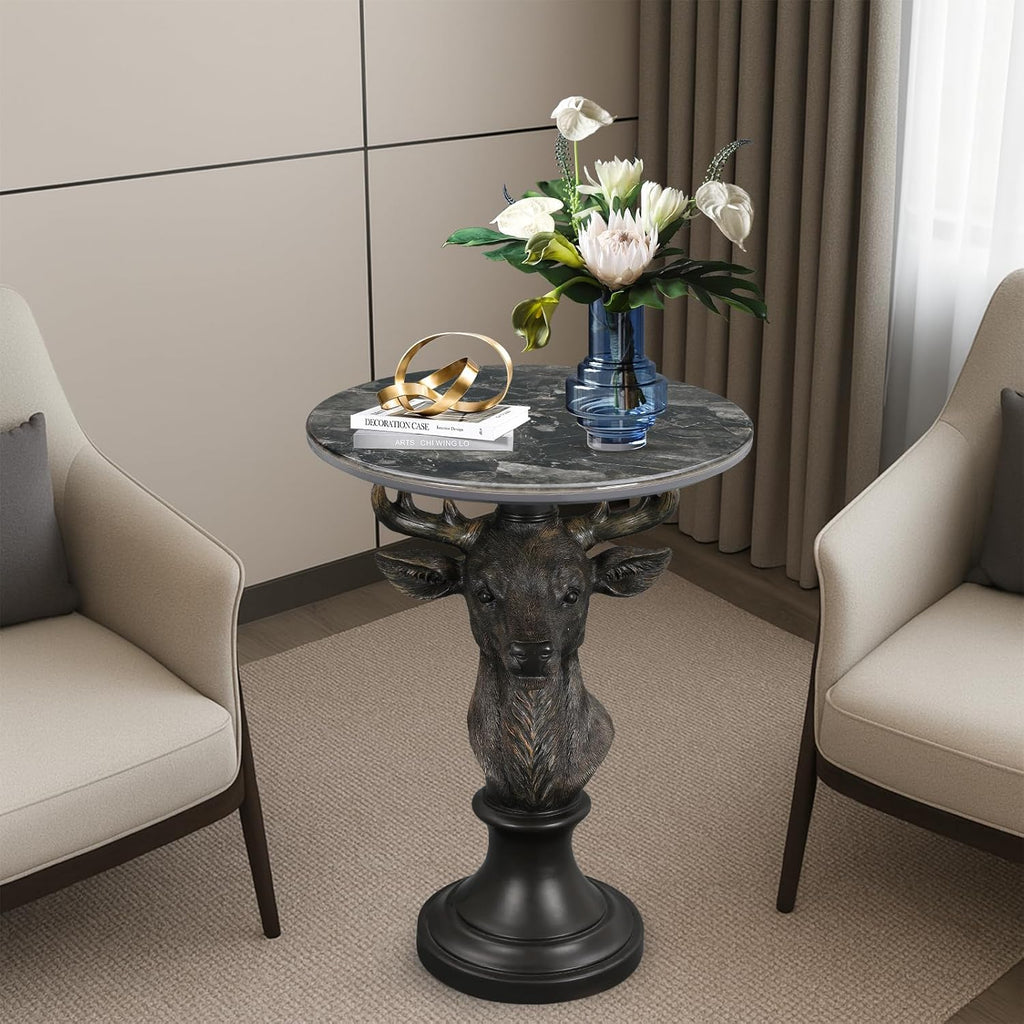 Modern End Table Black Deer Statue Side Table with Faux Marble Round top, 28" Tall 19.69" Wide Contemporary Nightstand for Living Room, Office and Reception Area Gift for Mom and Dad